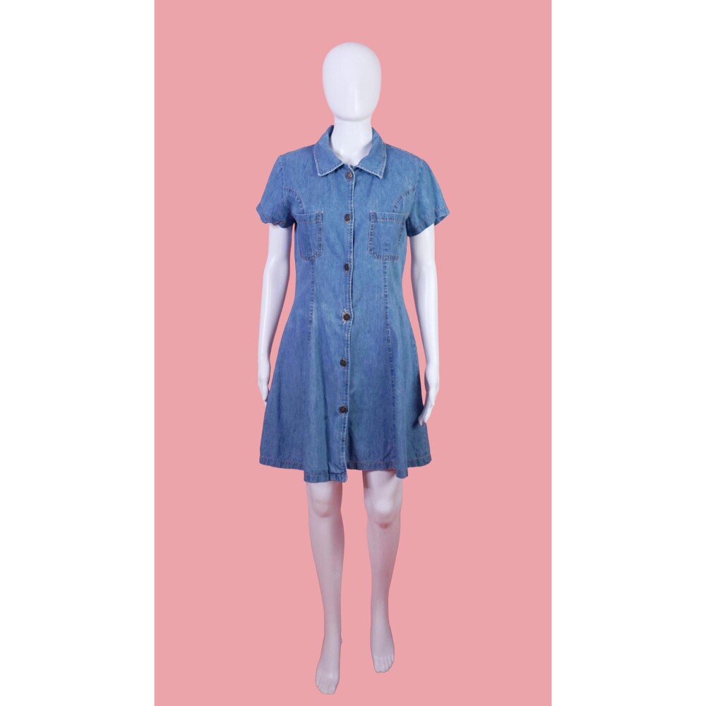 1990s PARIS SPORT CLUB. Denim Button Up Short Sleeve Dress. S-M. As Is. Damaged